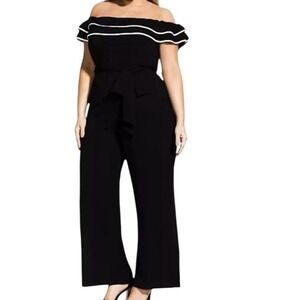 City Chic Jumpsuit Women XXL/ 24 Plus Off Shoulder Ruffled Belted Wide Leg NEW‎